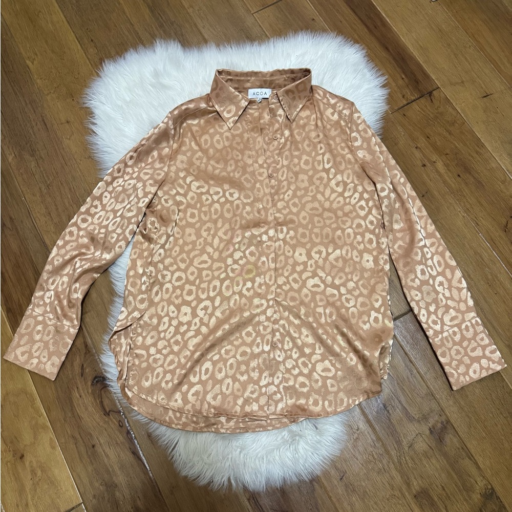 ACOA Women's Tan Leopard Button Down Shirt